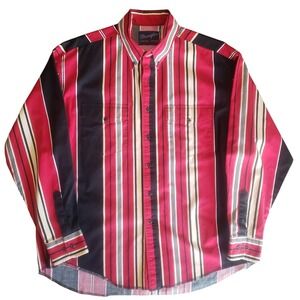 VTG Wrangler Mens 17 1/2-36 X-Long Tails RARE Striped Red‎ Black Button Shirt